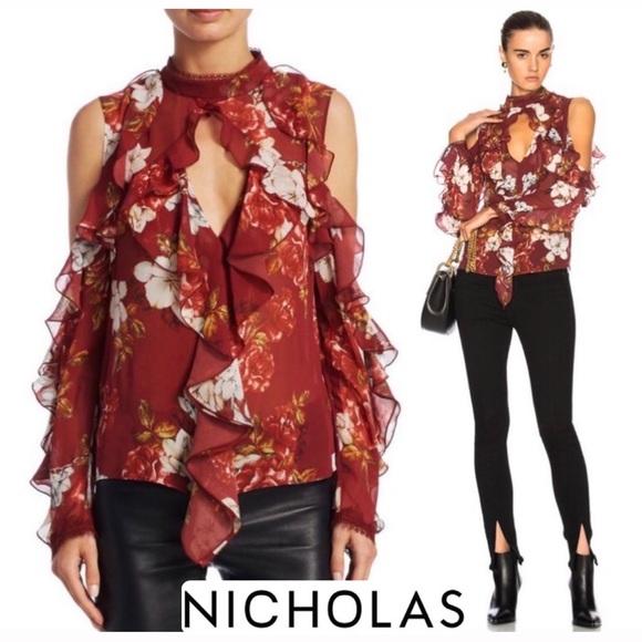 NICHOLAS Tops - NWT NICHOLAS Floral Print Ruffle Cold Shoulder Silk Blouse